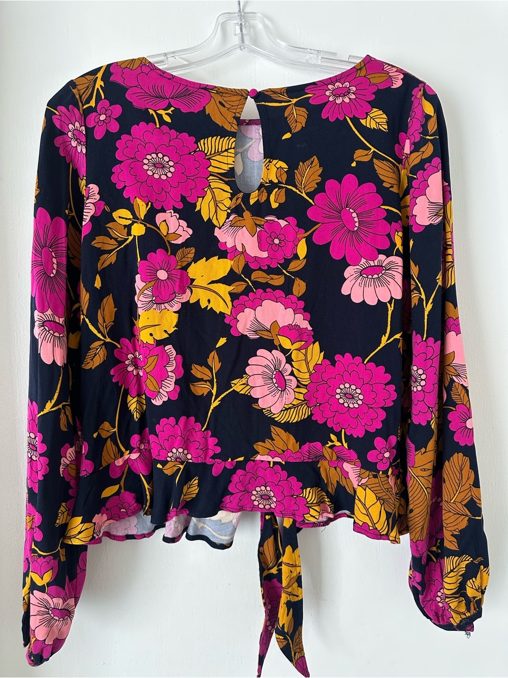 Mango Floral Tie-Back Long Sleeve Top in Black, Pink & Mustard